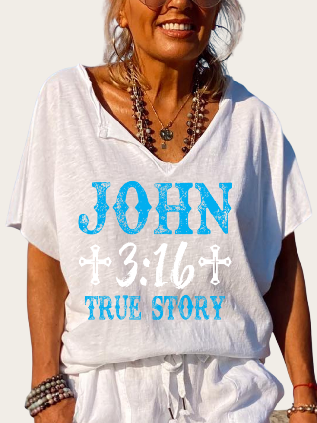 Love John 3:16 True Story Bible Verse Shirt Trundown Collar T Shirt Women's Loose Short Sleeve Top Spring Plus Size Shirt