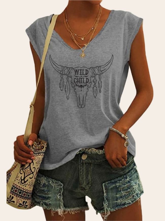 Wild Child Cowskull Graphic Tees Women's Casual Loose T-Shirts Cap Sleeve Cowgirl Top