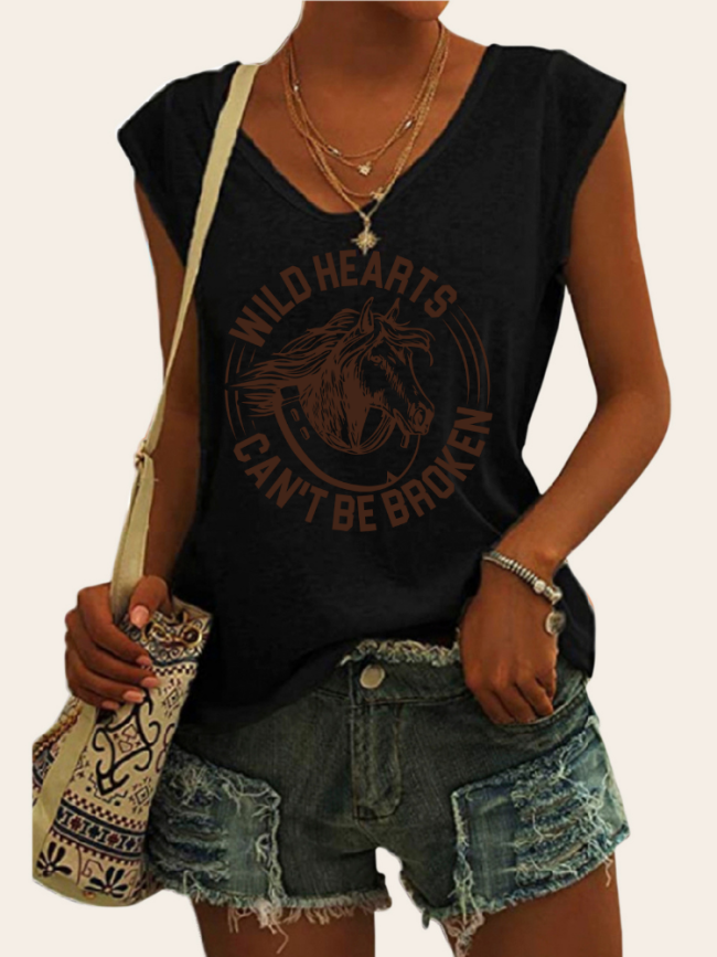 Wild Heart Can't Be Broken Graphic Tees Women's Casual Loose T-Shirts Cap Sleeve Cowgirl Top