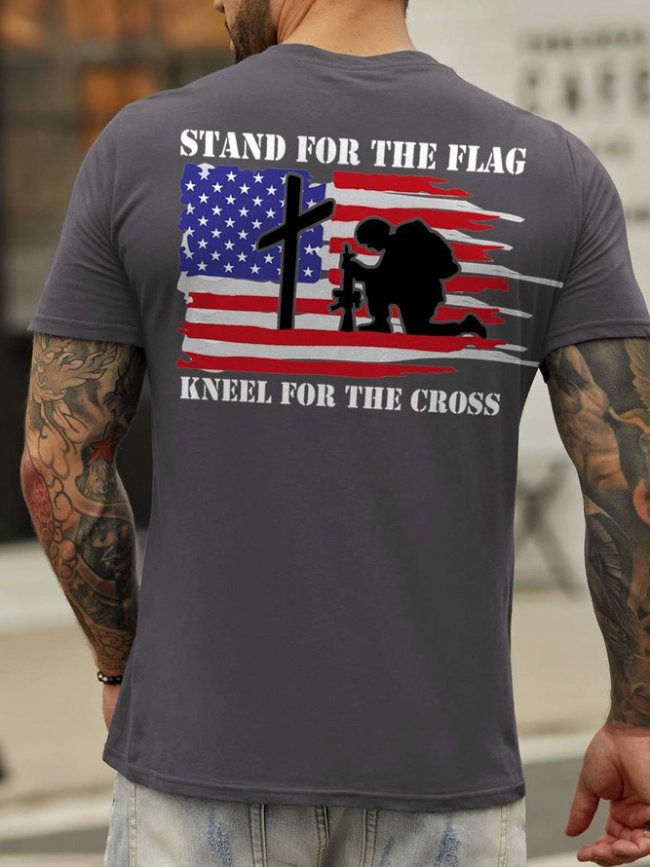Stand For The Flag Kneel For The Cross Back Print Short Sleeve Cotton Blends Crew Neck T-shirt