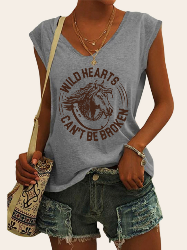 Wild Heart Can't Be Broken Graphic Tees Women's Casual Loose T-Shirts Cap Sleeve Cowgirl Top