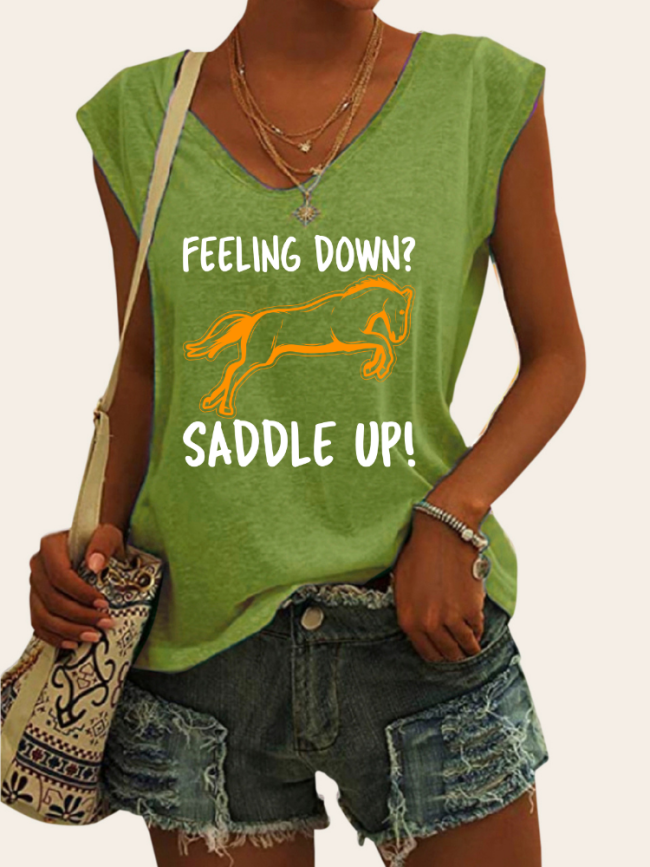 Feeling Down Saddle Up Graphic Tees Women's Casual Loose T-Shirts Cap Sleeve Cowgirl Top