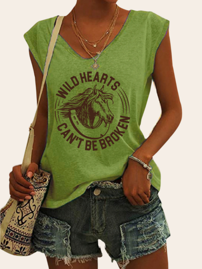 Wild Heart Can't Be Broken Graphic Tees Women's Casual Loose T-Shirts Cap Sleeve Cowgirl Top