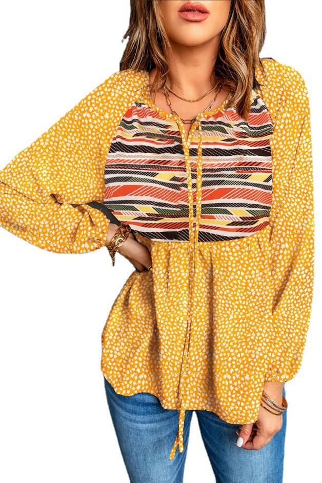 Aztec Pattern Yellow Polka Dot Striped Raglan Long Sleeve Casual Pullover Blouse Top