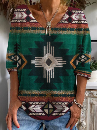 Women's Aztec Ethnic Geometric Western Retro Boho Style Loose Plus Size T-Shirt Top