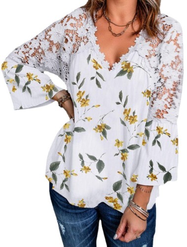 Women's Lace V-Neck Floral Printed Blouses 3/4 Sleeve Lace Shirts Dressy Tunics