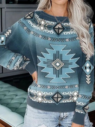 Women's Western Blue Aztec Area Printed Long Sleeve Crew Neck Sweatshirt