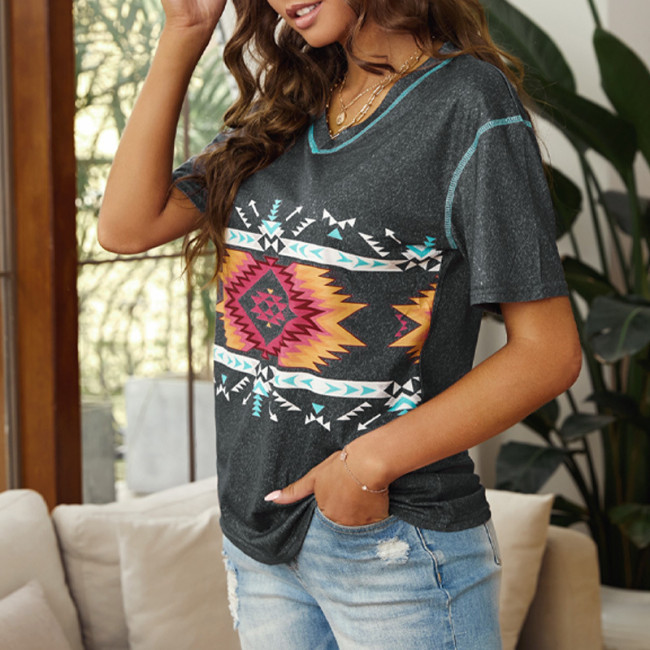 Women's Aztec Geometric Ethnic Boho Retro Vintage V-Neck T-Shirt Top