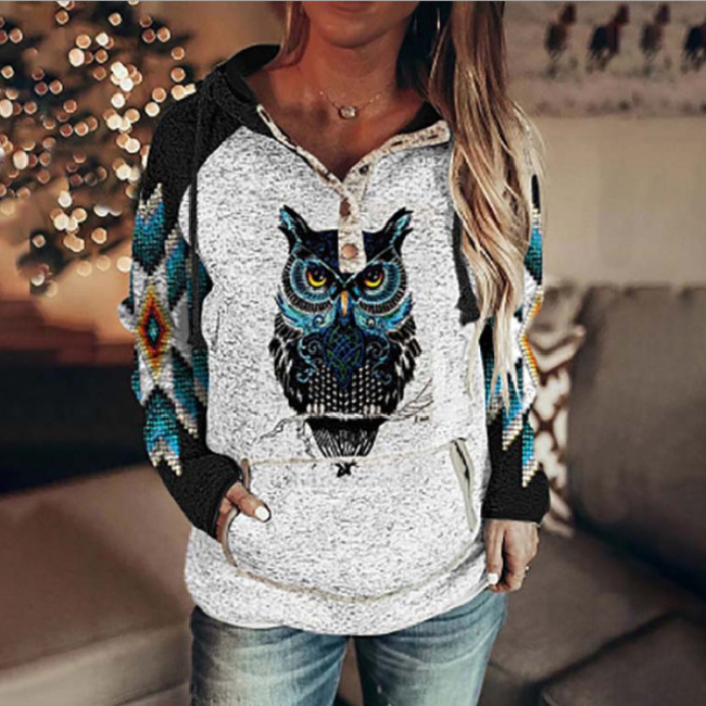 Women's Aztec Ethnic Owl Western Retro Style Hoodie Top