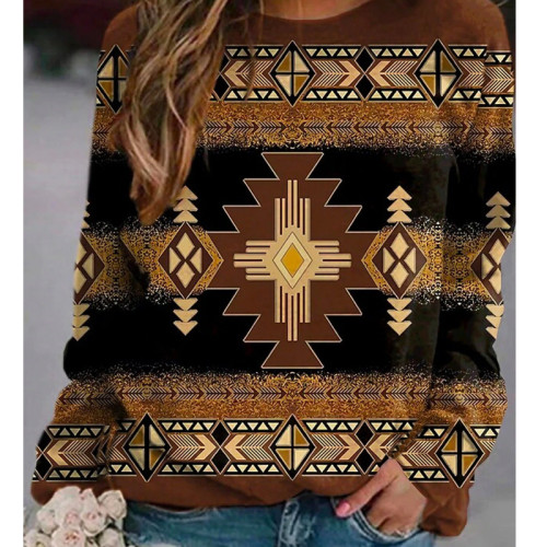 Women's Aztec Enthic Geometric Coffee Area Pattern Vintage Crew Neck Long Sleeve T-Shirt
