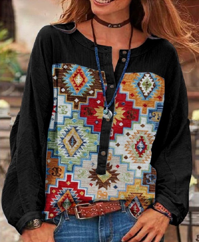 2022 Women's Aztec Ethnic Style Solid Color Long Sleeve Casual Blouse Top