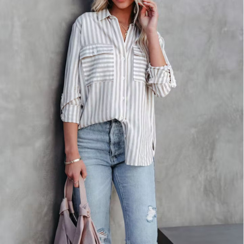 Women's Striped Single Breasted Long Sleeve Casual Loose Shirt Top Outwear
