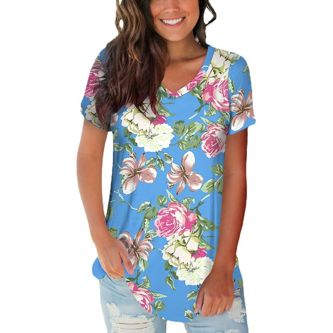 Women's Floral Boho Style V-Neck Loose Summer T-Shirt Tops