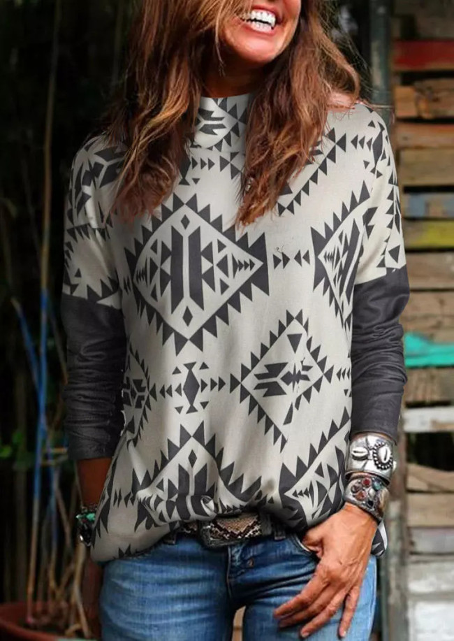 Women's Western Grey Aztec Area Printed Long Sleeve Crew Neck Sweatshirt