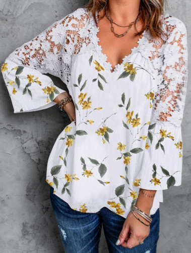 Women's Lace V-Neck Floral Printed Blouses 3/4 Sleeve Lace Shirts Dressy Tunics