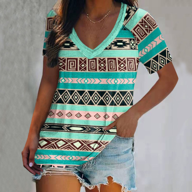 Women Western Aztec Ethnic Print Summer T-Shirt Tops