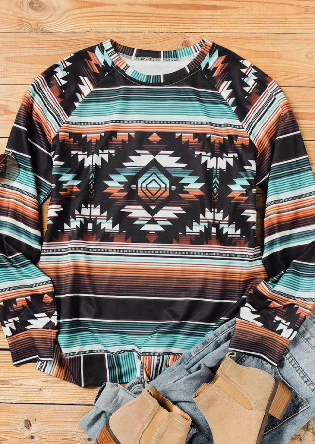 Women's Aztec Enthic Geometric Pattern Western Vintage Crew Neck Long Sleeve Sweatshirt