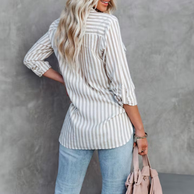 Women's Striped Single Breasted Long Sleeve Casual Loose Shirt Top Outwear