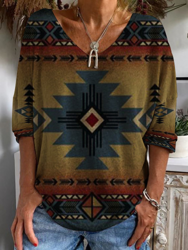Women's Aztec Ethnic Geometric Western Retro Boho Style Loose Plus Size T-Shirt Top