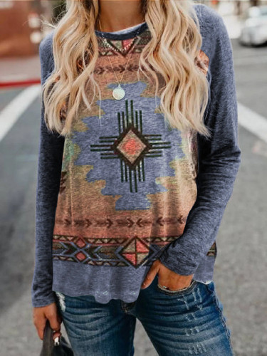 2022 Women's Aztec Native Ethnic Geometric Pattern Long Sleeve Sweatshirt Top