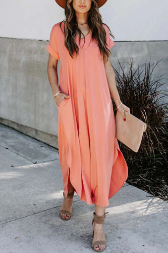 Women's  V Neck Side Split Irregular Solid Maxi Dress