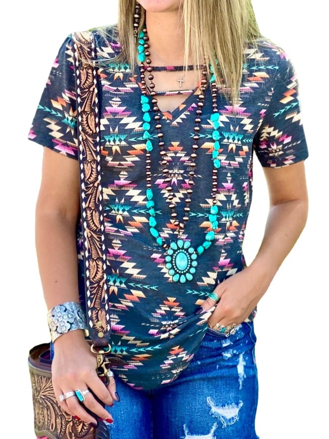 Women's Aztec Enthic Geometric Blue Area Pattern Western Boho Style V Neck Short Sleeve T-Shirt