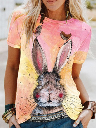 2022 Women's Tie Dye Easter Bunny Printed Cute Crew Neck Short Sleeve T-Shirt Top