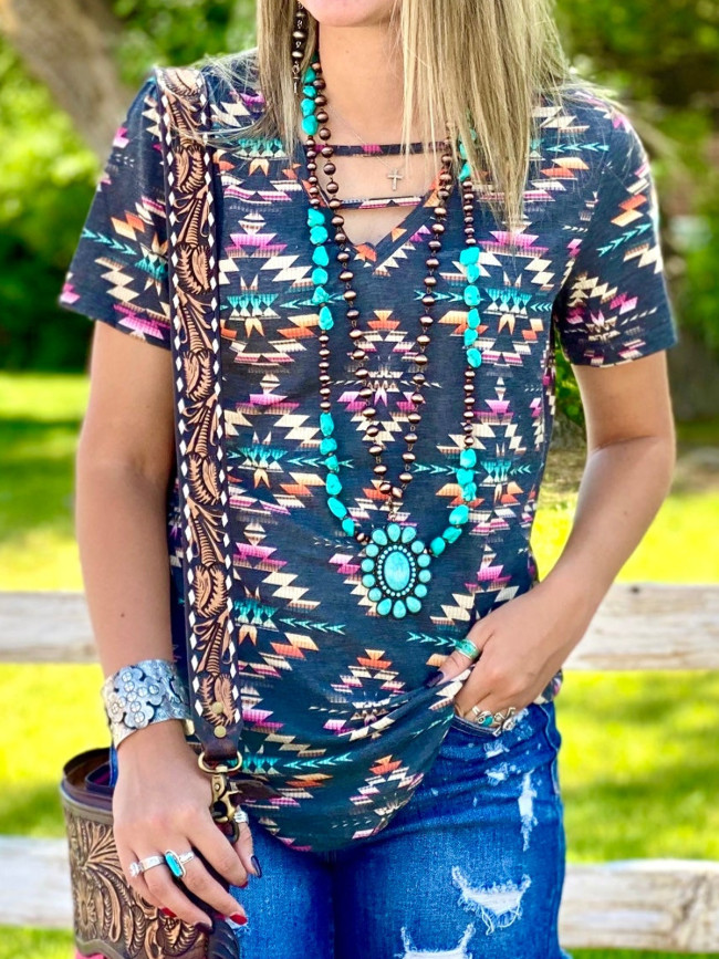 Women's Aztec Enthic Geometric Blue Area Pattern Western Boho Style V Neck Short Sleeve T-Shirt