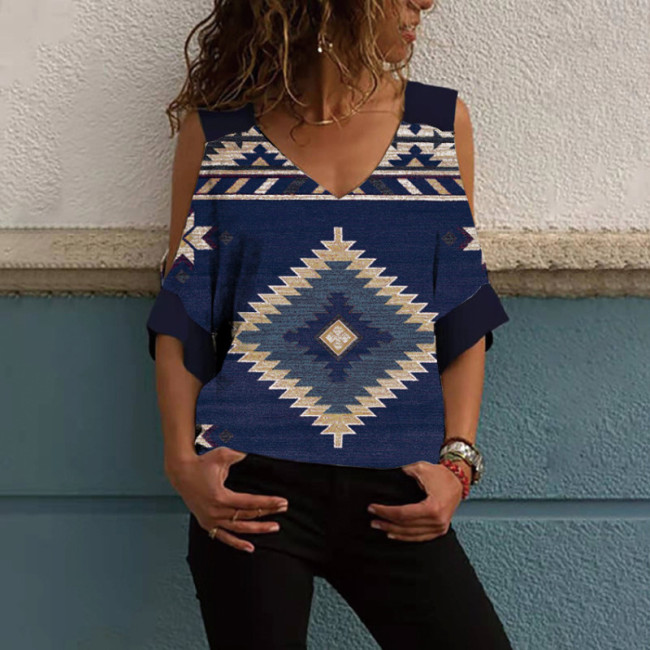 Women's Aztec Ethnic Geometric Western Retro Boho Style Off Shoulder T-Shirt Top