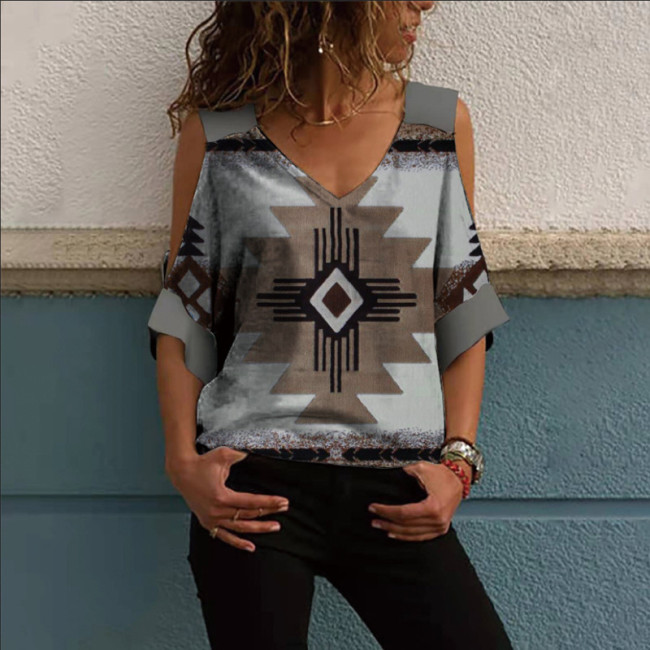 Women's Aztec Ethnic Geometric Western Retro Boho Style Off Shoulder T-Shirt Top