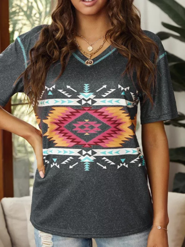 Women's Aztec Geometric Ethnic Boho Retro Vintage V-Neck T-Shirt Top