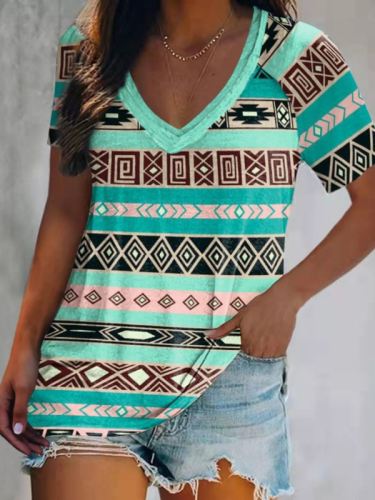Women Western Aztec Ethnic Print Summer T-Shirt Tops