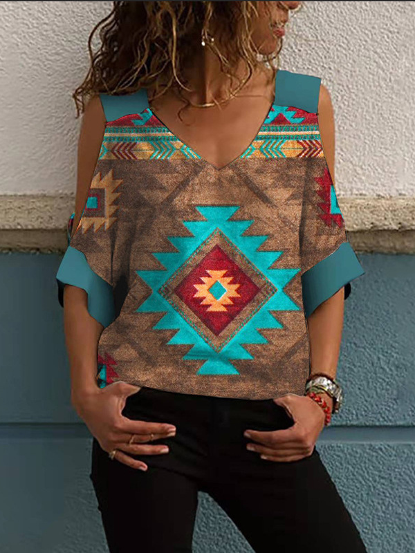 Women's Aztec Ethnic Geometric Western Retro Boho Style Off Shoulder T-Shirt Top