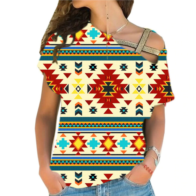Women's Aztec Ethnic Geometric Western Retro Bohemian Style Off Shoulder T-Shirt Top