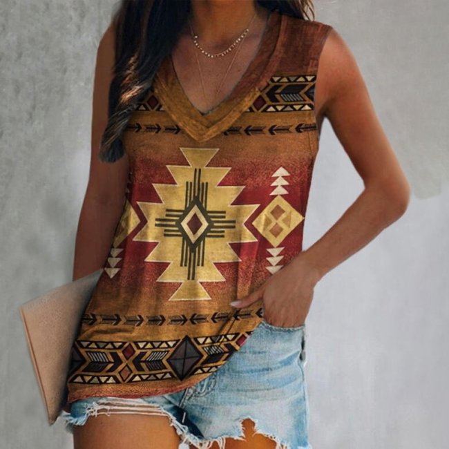 Women's Aztec Ethnic Western Retro Boho Style Horse Pattern V-Neck Tank Top