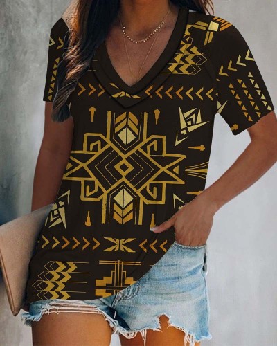 Women's Aztec Ethnic Geometric Western Retro Boho Style V-Neck T-Shirt Top