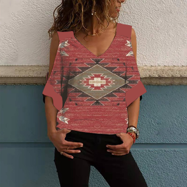 Women's Aztec Ethnic Geometric Western Retro Boho Style Off Shoulder T-Shirt Top