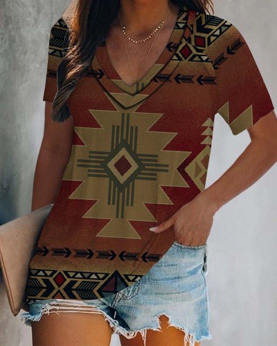 Women's Aztec Ethnic Geometric Western Retro Boho Style Full Printed V-Neck T-Shirt Top