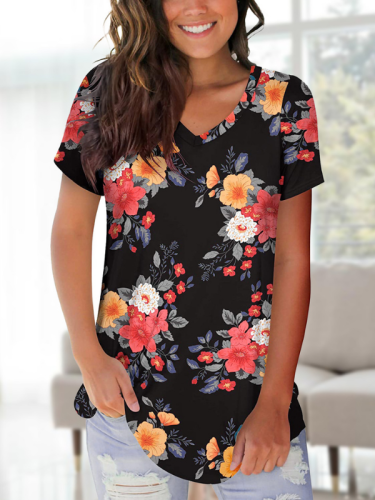 Women's Floral Boho Style V-Neck Loose Summer T-Shirt Tops