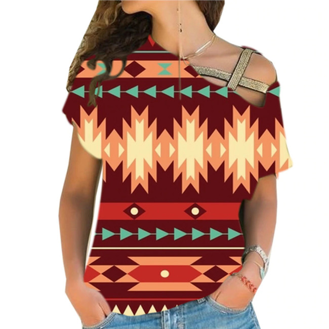 Women's Aztec Ethnic Geometric Western Retro Bohemian Style Off Shoulder T-Shirt Top