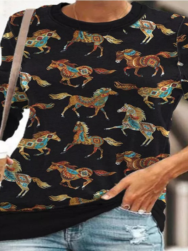 Women's Western Retro Horse Aztec Long Sleeve Sweatshirt
