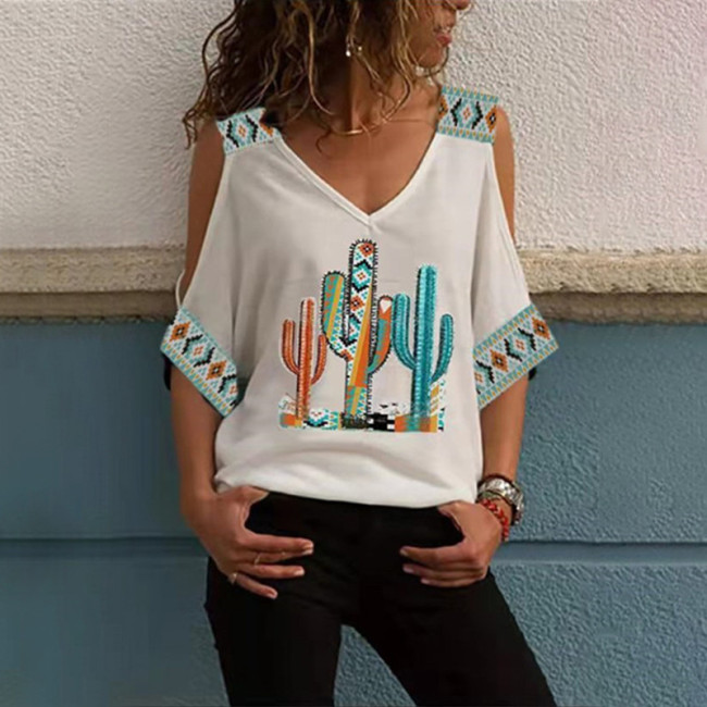 Women's Aztec Ethnic Feather Cactus Western Retro Boho Style T-Shirt Top