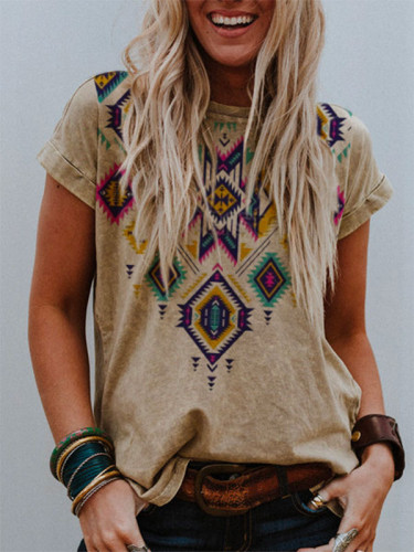 Women's Aztec Ethnic Coffee Geometric Western Retro Boho Style Crew Neck T-Shirt Top