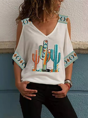 Women's Aztec Ethnic Feather Cactus Western Retro Boho Style T-Shirt Top