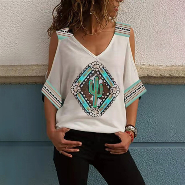 Women's Aztec Ethnic Geometric Western Retro Boho Style Off Shoulder T-Shirt Top