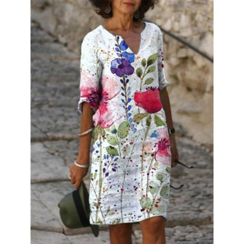 Women's Casual Summer Dress Floral Bee Print Midi Dress