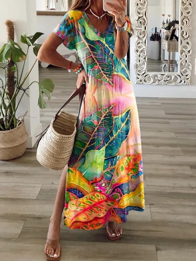 US$ 22.80 - Women's Casual Summer Maxi Dress Landscape Oil Colorful V ...