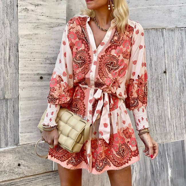 Women's Red Floral Mini Shirt Dress with Belt