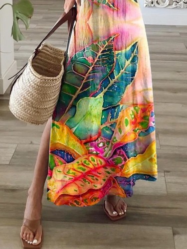 Women's Casual Summer Maxi Dress Landscape Oil Colorful V-Neck Beach Long Dress