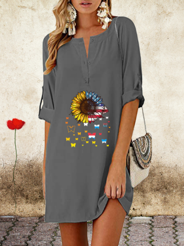 Women's Casual Summer Midi Dress Sunflower Printed Mid-Sleeve Dress
